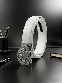 1 pièce Ceinture de luxe pour hommes, ceinture à boucle automatique en alliage, boucle rotative, associée à une sangle en PU blanc premium, longueur 120 cm, peut être coupée librement, plusieurs couleurs disponibles, port quotidien, assortiment de vêtements, premier choix pour les cadeaux - Multicolore - Voir 8