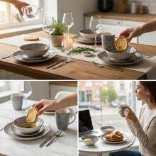 16 Piece Grey Stoneware Dinner Set With Handpainted Swirl Pattern And Beige Rim, Service For 4 Including Dinner Plates, Dessert Plates, Bowls And Cups, Elegant Modern Ceramic Tableware Collection With Spiral Design, Microwave And Dishwasher , Durable Chip-Resistant Crockery For Home Kitchen, Dining Room, Daily Use, Family Gatherings, Dinner Parties And Special Occasions, Stylish Neutral Color Scheme To Complement Any Table Setting And Home Decor - Mặc định - Xem 1