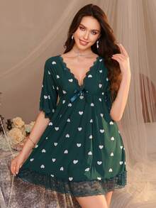 1 bộ đồ ngủ và mặc nhà bằng lụa cao cấp, in hình trái tim, phối ren, cổ chữ V, phong cách retro gợi cảm dành cho nữ. - Màu xanh lá cây đậm - Xem 5
