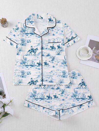 2pcs Women's Sleepwear Set, Western Cowboy Horse Print, Soft Fabric, Fashionable Outfit For Holiday Party, Short Sleeve Shirt Collar Button-Up Top And Elastic Shorts, Casual Loungewear For Outdoor & Indoor Wear