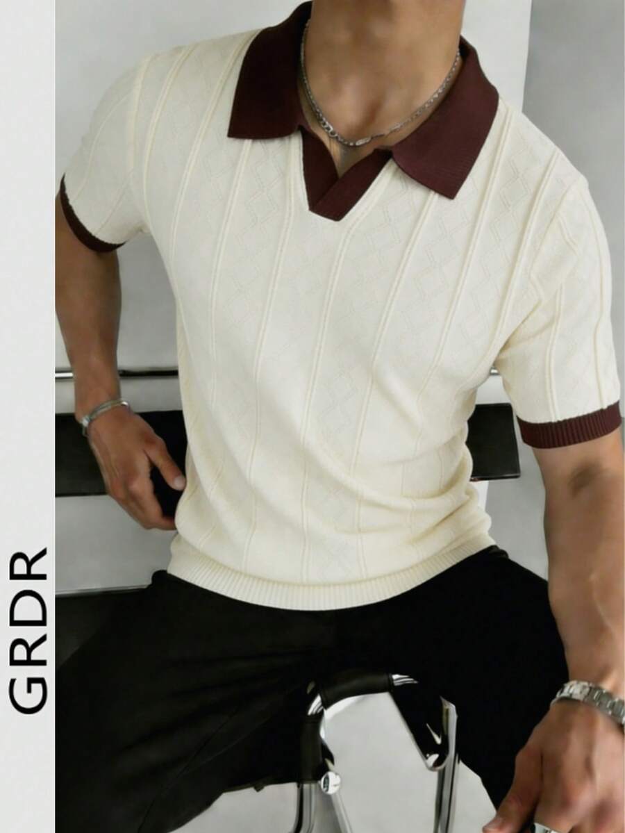 GRDR 男士 Polo 领条纹休闲针织短袖 T 恤 - 简约百搭,外出必备 - 杏色 - 查看 1