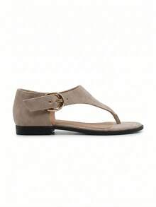 Women's Flat Suede Sandals With Toe Strap And Adjustable Buckle Strap – Casual Summer Style - Beige - View 4