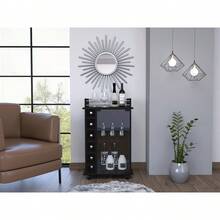 Carrito de Bar Vegas, Mueble de Dos Niveles con Puerta de Vidrio, Seis Compartimentos para Licores en el Interior - Negro + Tablero de partículas + Melamina - Ver 2