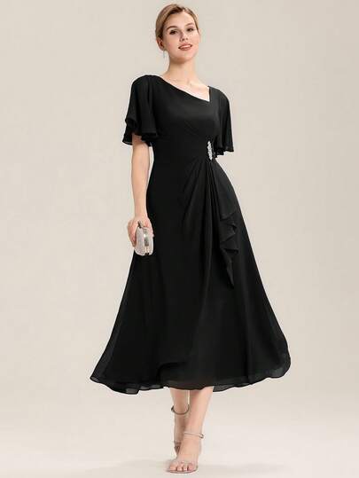 EVERPRETTY Elegante vestido de dama de honor negro de cuello en V largo, vestido de invitada de boda semiformal, primavera/verano