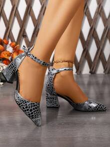Tacones altos de estilo europeo y americano, de punta afilada, tacón grueso, con estampado de cocodrilo, diseño hueco y sexy, nuevos tacones romanos de talla grande - Bloqueo de color - Ver 2