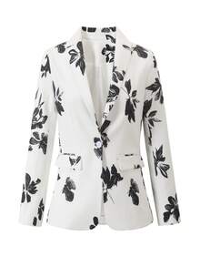 High Quality Women Blazer Elegant Fashion Casual Floral Print Long Sleeve Single Button Double Pocket Suit Jacket, Suitable For All Season - 白色 - 查看 12