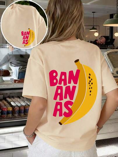 少女趣味水果风宽松T恤，大香蕉和醒目字母印花，休闲短袖上衣，适合朋友聚会、休闲放松、日常穿着