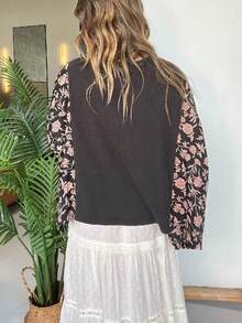 1 Women's Retro Graphic Mixed Pattern T-Shirt - Mixed Color Block Design, Batwing Sleeves, 3/4 Sleeve Loose Casual Top, Fashionable Women's Spring And Summer Clothing - 黑色 - 查看 8