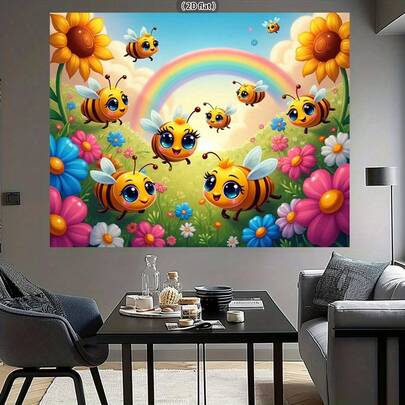 2D平面，1个明亮的黄色透明翅膀蜜蜂和彩色花朵横幅 - 春季主题，适合新年、婚礼装饰、房间墙壁挂饰，涤纶材质，透明翅膀，2D平面。多种款式和尺寸可供选择。