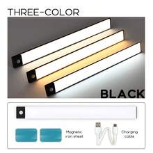 2pcs 40cm LED Cabinet Light With Motion Sensor & Three-Color Changing Strip, Ultra-Thin Smart Kitchen Counter Lamp, Wardrobe Home Decor Hill Light With Rechargeable Battery & Body Sensor, Self-Adhesive, Wireless, Cordless, Suitable For Cabinets, Shoe Racks, Entrances, With 3 Colors, Decorative Lighting That Works Indoor And Outdoor. Essential Home Accessory For Kitchens, Bedrooms, And Wardrobes. - Black - View 10