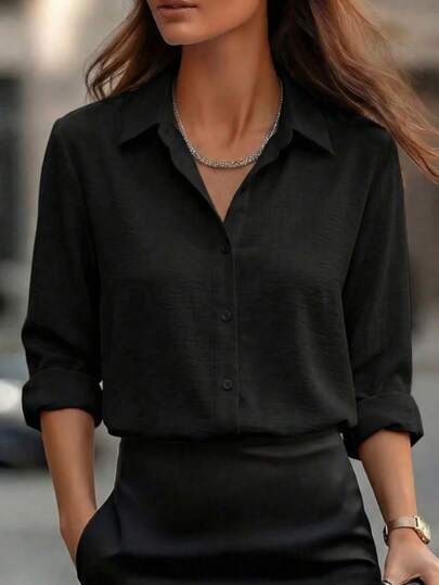 Fashionable Women's Asymmetrical Long Sleeve Blouse, Loose Street Style Shirt With Button Front Closure, Solid Color For Everyday Wear, Spring/Autumn Black