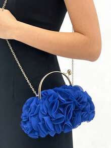 Women's Elegant Royal Blue Floral Pleated Satin Clutch Bag, Party Handbag - Fashionable Chiffon Petal Handbag With Chain Shoulder Strap, Fits ProMax Size Phone And Essentials, Perfect For Bride, Wedding, Date, Prom, Holiday, Formal Occasions, Graduation Party, Spring Gala, Cocktail Party And Special Events (Pattern Random) - 寶藍色 - 查看 3