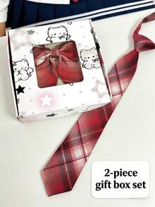 2件套女士领结领带，JK校服风格衬衫格子领带，休闲商务配饰，节日，旅行 - 紅色 - 查看 1