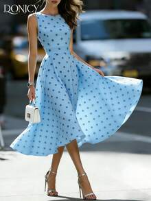 DONICY 女士黑白波点无袖褶皱腰部喇叭中长连衣裙，夏季休闲度假风 - 藍色 - 查看 5