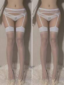1 par de medias liguero de encaje teñido en aceite para mujeres, cómodas y sexys, aptas para uso diario - Blanco - Ver 5