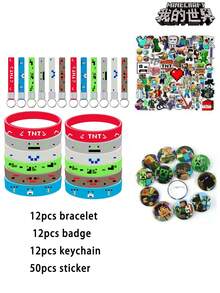 Minecraft Silicone Wristband, Silicone Keychain, Badge, 50pcs Pixel Stickers Game Set - Multicolor - View 1