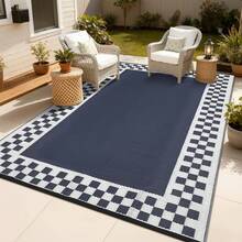 Hodeffior Waterproof Outdoor Plastic Straw Rug 270x550cm Reversible Patio Carpet, Foldable UV Resistant Area Mat, Large Geometric Border Outdoor Rug For Deck, Porch, Camper, Balcony, Beach - Black Blue - View 1