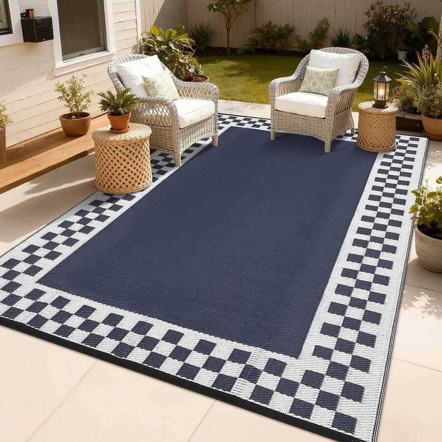 Hodeffior Waterproof Outdoor Plastic Straw Rug 270x550cm Reversible Patio Carpet, Foldable UV Resistant Area Mat, Large Geometric Border Outdoor Rug For Deck, Porch, Camper, Balcony, Beach - Black Blue - View 1
