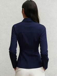 女士新款畅销春秋季休闲衬衫，长袖设计，腰部褶裥设计凸显腰线和身材曲线，适合日常通勤和办公穿着。 - 藏蓝色 - 查看 3