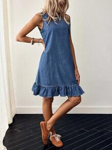 Button Back Ruffle Hem Denim Dress - Blue - View 4