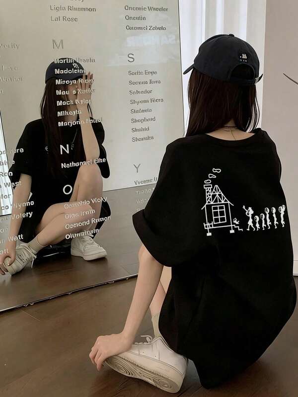 女性用カジュアルルーズラウンドネック漫画プリントショートスリーブTシャツ、春夏に活躍