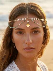 1pc Bohemian Style Gold Coin Tassel Hair Chain, Women's Beach Holiday Hair Jewelry Accessory - Gold - View 1