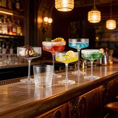 1/2/4/6/12pcs Set Ribbed Retro Decorative Martini, Champagne And Cocktail Glasses, 8oz Ripple Cups, Indoor And Outdoor Gifts Suitable For Weddings, Birthdays, And Large Parties