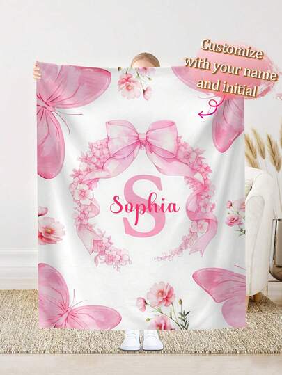 1pc Customizable Couple Handholding Heart Shaped Text/Name Printed Flannel Coral Fleece Blanket, Gift For Couples, Family, Friends, Living Room, Bedroom, Sofa, Office, Home/Room/Party Decor