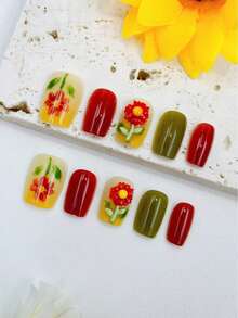 纯手工美甲贴片，10片装，红色，短梯形，美妆，香氛风格，法式美甲，按压式美甲，新年美甲，情人节美甲，UV灯美甲，夏季美甲，日常美甲，优雅大方设计，高端法式风格，凝胶抛光，闪光，猫眼效果，金属光泽，全覆盖假指甲贴片 - 紅色 - 查看 4