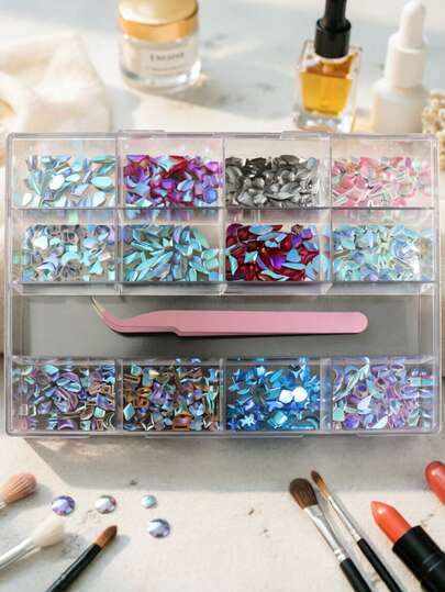 2026年热销盒装13颗水钻美甲宝石，极光平底3D美甲钉，迷你全息不规则美甲饰品配件