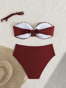 Women's Solid Color Halter Neck Bikini Two Pieces Set, With Metal Accessory In The Middle, Suitable For Island Vacation Beach Summer - Burgundy - View 3