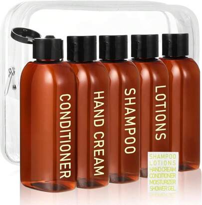 5 Pack Travel Bottles For Toiletries, 3.4oz TSA Approved Travel Size Containers, Leak Proof Refillable Travel Accessories For Shampoo Conditioner, Plastic Travel Bottles With Toiletry Bag And Label.