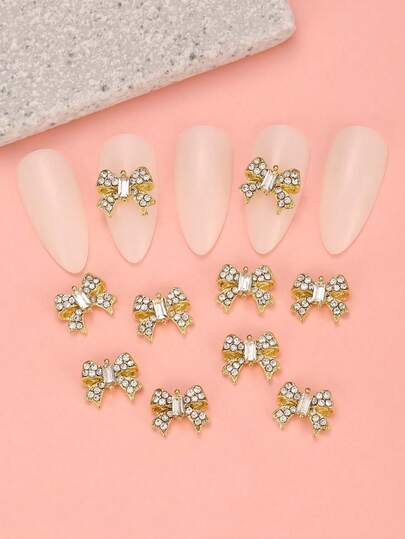 10件装金色水钻蝴蝶结美甲装饰，金属美甲饰品，奢华美甲贴纸，DIY美甲装饰，女士/女孩金属美甲配件，美甲用品，美甲宝石