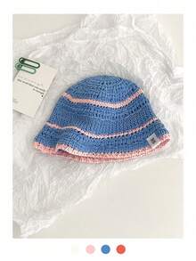 Sombrero de cubo calado y colorido, adecuado para primavera/verano, playa, vacaciones, protección solar, versátil, sombrero de paja a rayas para mujer, casual al aire libre, visualmente estilizador - Multicolor - Ver 12