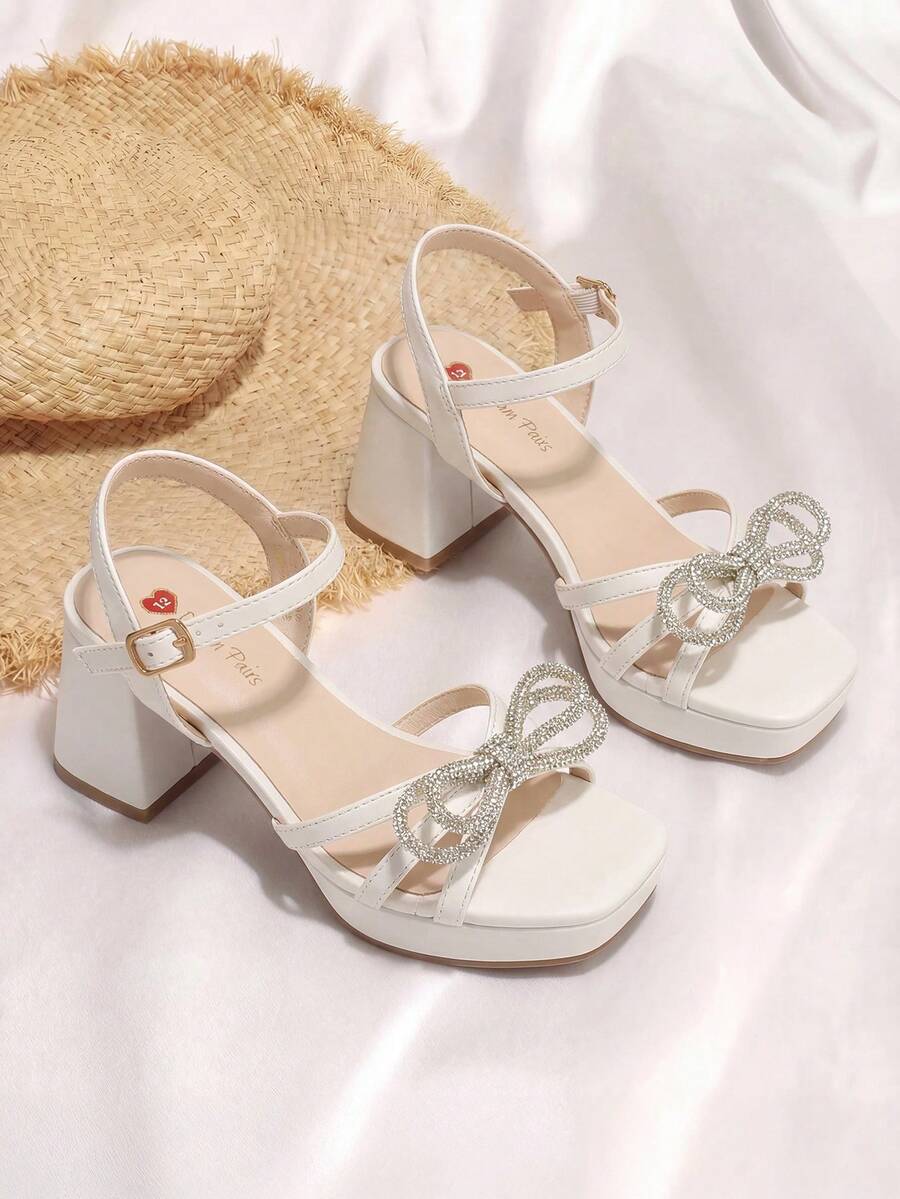 2026 Summer New Low Block Chunky Heels Sandals For Girls, Fashion Rhinestone Bow Decor Open Toe Summer Sandals Party Dress Pumps Shoes - trắng - Xem 1
