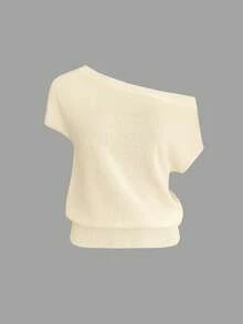Women's Casual Vacation 2-Piece Set, Elegant Versatile Design, Fitted RibbedFabric, Minimalist Fashionable Off-Shoulder Top Paired With Elastic Waist Straight Shorts, Spring/Summer - Beige - View 8