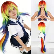 长直深蓝色假发，带粉色挑染和彩虹渐变色，配有可拆卸马尾辫，多色直发，耐热合成纤维，自然刘海，适合女性，可用于动漫展、节日派对和日常佩戴，易于佩戴和造型，是卡通迷和时尚爱好者的绝佳礼物。 - 彩色 - 查看 8