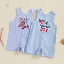 4th Of July Baby Clothes Newborn Girl Boy Smocked Bubble Romper Flag Plaid Overalls Infant First 4th Of July Outfit - 藍紅色 - 查看 4
