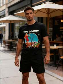 Conjunto para hombre estilo streetwear retro con estampado artístico e ilustración con letras tela cómoda ajuste holgado cuello redondo manga corta verano uso diario casual set de camiseta y short - Negro 2 - Ver 2