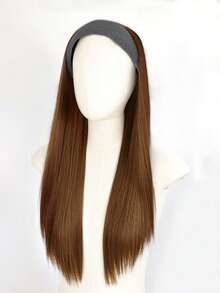 66 cm långa raka svarta syntetiska hårförlängningar med grått pannband, syntetisk peruk, avtagbart pannband. - Svart brun - Visa 6