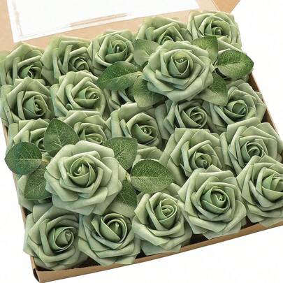Artificial Flower 5/10/15/20/25/30pcs Real Version Fairy Green Foam False Rose With Stem, Used For DIY Wedding Bouquet Bride Shower Center Piece Sage Green Flower Decoration Home Decoration (OPP Bag Packaging Excluding Box)