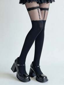 1 Pair Faux Thigh High Stockings, Black Lace Heart Print, Faux Garter Heart Leg Garter Tights, Japanese Style Slimming Black Pantyhose For Women - Black - View 2