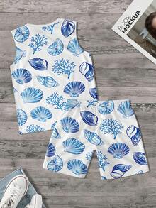 Men's Shell Print Sleeveless Tank Top And Short Sleeve Set, Men's Vacation Casual Sleeveless Tank Top Set - Multicolor - View 5