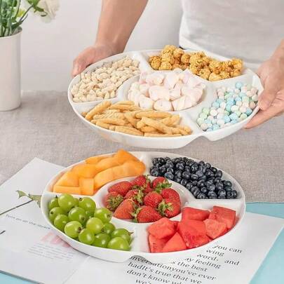 2/4 Stück geteilte Kunststoff Tabletts, runde Kunststoff Snack Teller, unabhängige 5-Fach Geschirr, langanhaltend wiederverwendbares Geschirr, geeignet zum Servieren von Obst, Snacks, Nüssen, Popcorn, Süßigkeiten, Pommes, ideal für Zuhause, Partys, Hochzeiten, Picknicks, Camping