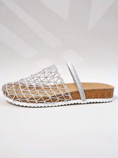 Girls' Silver Net Mesh Slide Sandals, Breathable Cork Footbed Casual Summer Shoes For Kids