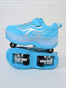 Girls' Sky Blue Wave Pattern , Hook And Loop 4-Wheel Retractable Roller Skates, Children's Sports Inline Skates - Mint Blue - View 3