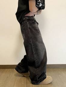 1 Peça Hearty Haven Denim Denim Largos Lavados de Ajuste Folgado Plus Size para Homens, Denim Versátil e Confortável para Todas as Estações (Sem Cinto ou Acessórios) - Preto - Visão 3