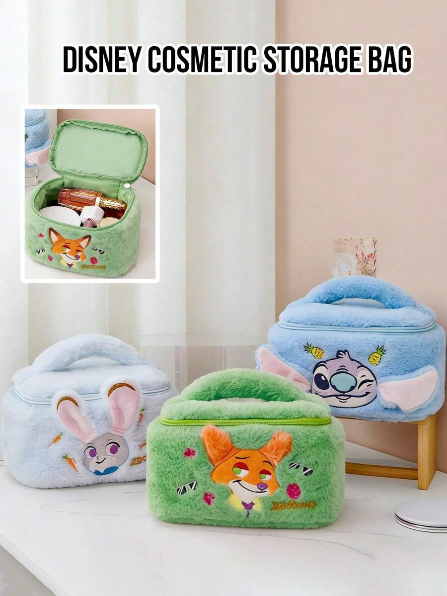 Disney Cartoon Makeup Bag Plush Cosmetic Storage Pouch Organizer With Handle Nick Wilde Judy Carrot Stitch Embroidery, Fabric & Zipper Closure, Large Capacity, Travel Toiletry Bag, School Office Stationery Storage Pouch, Cartoon Kawaii Accessories For Girls Students, Perfect Gift Set, Ideal For Gifting, Birthday Gift, Friendship Gift, Compact & Lightweight, Suitable For Travel