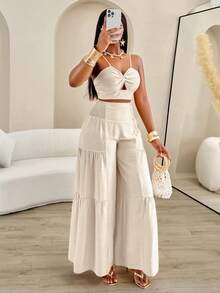 AIJ 女士夏季度假扭结吊带背心+褶皱阔腿裤两件套 - 米色 - 查看 7