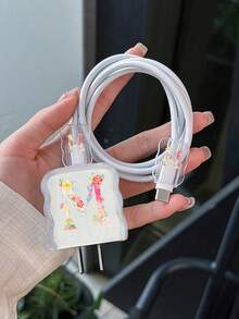 3件套苹果充电器保护套，花卉字母波浪图案设计，兼容18W/20W快充适配器，防刮配件（A-Z图案） - 彩色 - View 3